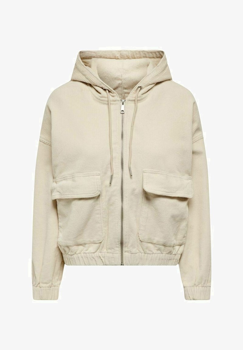 Sweat à capuche zippé en velours côtelé beige avec cordons, deux grandes poches avant à rabat, poignets élastiques et taille élastiquée.