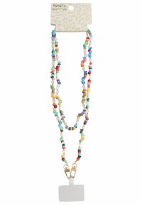 Multicolored beaded lanyard with various shapes, featuring gold hardware clips and a blank rectangular tag for identification.
