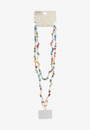 Mehrfarbige Perlenumhängeleine mit verschiedenen Formen, ausgestattet mit goldenen Hardware-Clips und einem leeren rechteckigen Etikett zur Identifikation.