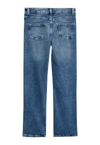 Jean en denim bleu clair avec une coupe droite, des poches arrière et une texture légèrement délavée. Finition propre le long de l'ourlet.