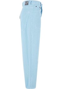Pantaloni in corduroy azzurro chiaro con design a gamba dritta, dotati di una tasca posteriore e di un'etichetta del marchio sulla cintura.