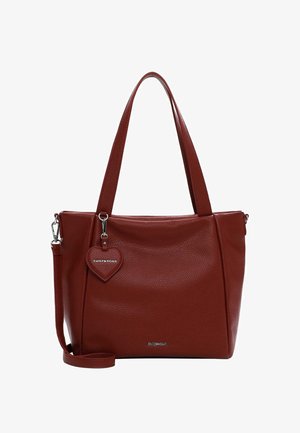 Red leather tote bag with a textured finish, dual handles, a detachable shoulder strap, and a heart-shaped charm with branding.