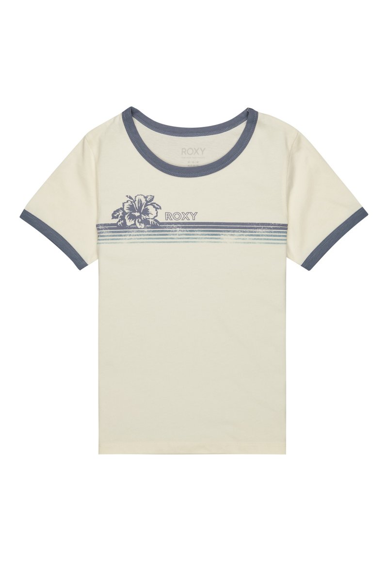 Kurzärmliges cremefarbenes T-Shirt mit blauen Akzenten. Besitzt ein florales Design und horizontale Streifen über der Brust. Aus Baumwollmaterial.