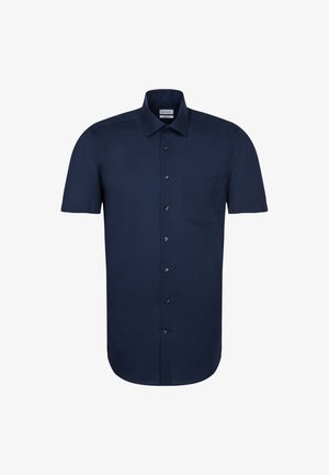 Kurzärmeliges, marineblaues Hemd mit Knopfleiste und Brusttasche; glattes Material, mit Kragen, dunklen Knöpfen und taillierter Passform.