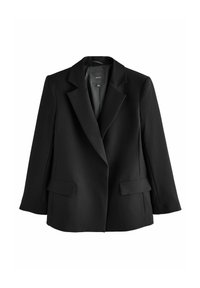 Blazer noir en tissu lisse, avec un col cranté, des manches longues et deux poches avant pour une silhouette structurée.