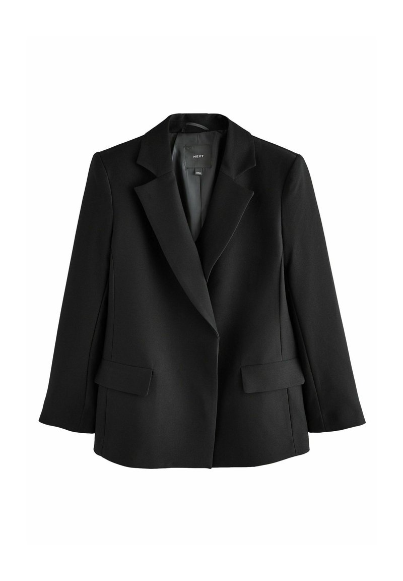 Blazer noir en tissu lisse, avec un col cranté, des manches longues et deux poches avant pour une silhouette structurée.