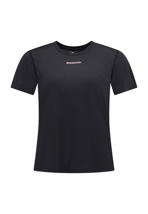 Schwarzes T-Shirt mit kurzen Ärmeln aus einem glatten Stoff. Verfügt über einen runden Halsausschnitt und das "ROSSIGNOL"-Logo in Weiß auf der Brust.