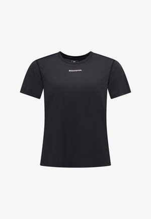 Schwarzes T-Shirt mit kurzen Ärmeln aus einem glatten Stoff. Verfügt über einen runden Halsausschnitt und das "ROSSIGNOL"-Logo in Weiß auf der Brust.