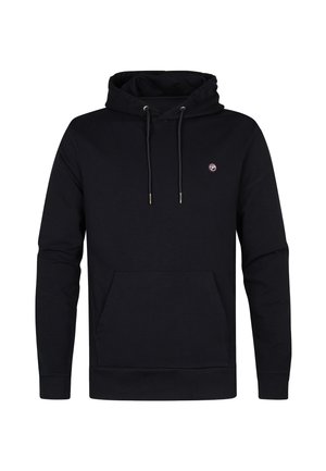 Felpa nera con cappuccio a maniche lunghe, tasca a marsupio frontale, coulisse regolabili e piccolo logo rotondo sul petto in alto a sinistra.