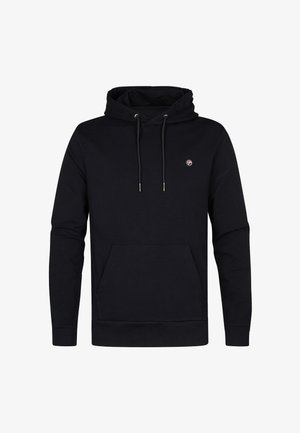 Zwarte hoodie met lange mouwen, voorvak in kangoeroestijl, verstelbare trekkoorden en een klein rond logo op de linkerborst.