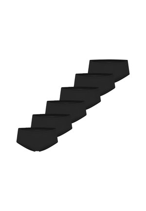 Sechs schwarze nahtlose Slips im Brief-Stil, diagonal auf weißem Hintergrund angeordnet.