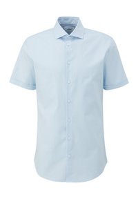 Lichtblauwe shirt met korte mouwen, gemaakt van gladde stof, met een klassieke kraag, zes knopen aan de voorkant en een ontspannen pasvorm.