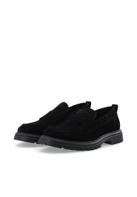 Schwarze Wildlederschlüpfschuhe verfügen über eine glatte Oberfläche, eine gepolsterte Innensohle und eine strukturierte Gummisohle mit einer kontrastierenden schwarzen Außensohle.