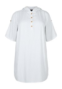 Pull-over rayé bleu clair et blanc, avec capuche, manches courtes, patte de boutonnage et boutons en bois.