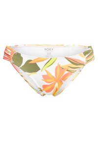 Bloemachtige bikini-slip met een witte basis en grote oranje en groene tropische prints. Gladde stof met geplooide zijaccenten.