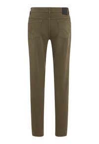 Pantaloni slim-fit verde oliva realizzati in misto cotone. Presentano due tasche posteriori con cuciture decorative e un'etichetta nera del marchio sulla vita.