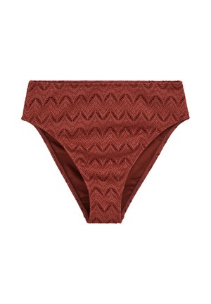 Dolge hlačke bikinija z visokim pasom v rjavi rdeči barvi z vzorcem cik-cak čipke in nežnimi listnatimi detajli, brezšivne robove in mehak podložen material.