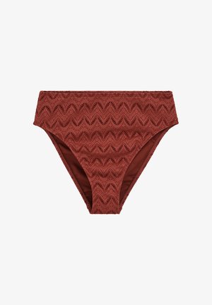 Dolge hlačke bikinija z visokim pasom v rjavi rdeči barvi z vzorcem cik-cak čipke in nežnimi listnatimi detajli, brezšivne robove in mehak podložen material.