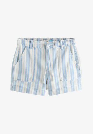 Pantaloni scurți casual cu dungi verticale albastre și albe, talie elastică, șnur de ajustare, bucle pentru curea și buzunare aplicate în față.