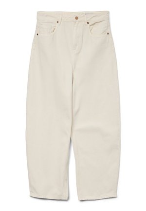 Beige katoenen wijde broek met hoge taille, voorzien van twee voorkruiszakken en een enkele knoopsluiting. Soepele textuur; enkel lengte.