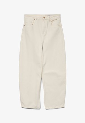 Pantaloni beige in cotone a gamba larga con vita alta, dotati di due tasche anteriori e chiusura con un solo bottone. Tessuto morbido; lunghezza ankle.