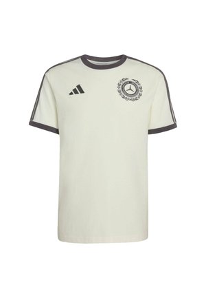 Lichtcrèmekleurig T-shirt met korte mouwen, contrasterende donkergrijze geribbelde kraag en mouwranden, met een zwart geborduurd logo en drie strepen.