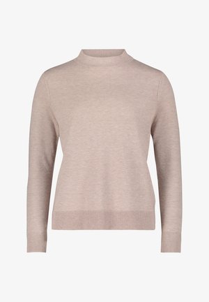 Beżowy sweter z wysokim dekoltem i długimi rękawami. Miękka faktura, prążkowane mankiety i dół oraz luźny krój.