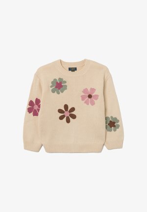 Suéter de punto beige con apliques florales en colores rosa, verde y marrón, con cuello redondo y puños y dobladillo acanalados.
