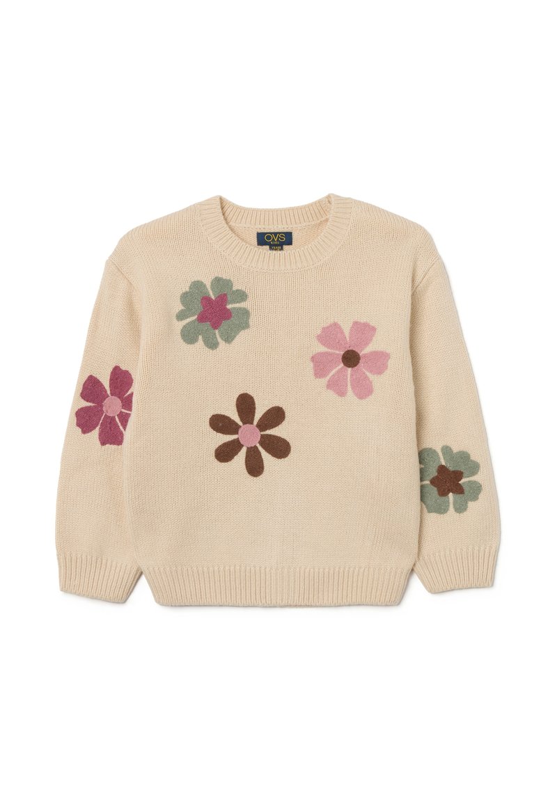 Beige gewickelter Pullover mit floralen Applikationen in Pink, Grün und Braun, mit Rundhalsausschnitt und gerippten Bündchen und Saum.