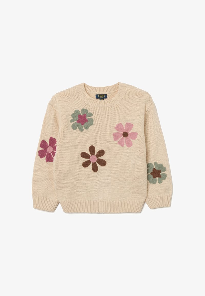 Beige gewickelter Pullover mit floralen Applikationen in Pink, Grün und Braun, mit Rundhalsausschnitt und gerippten Bündchen und Saum.