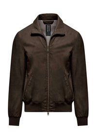 Giubbotto bomber marrone realizzato in materiale liscio, con chiusura a zip frontale, colletto rialzato e tasche laterali, dotato di polsini e orlo a costine.