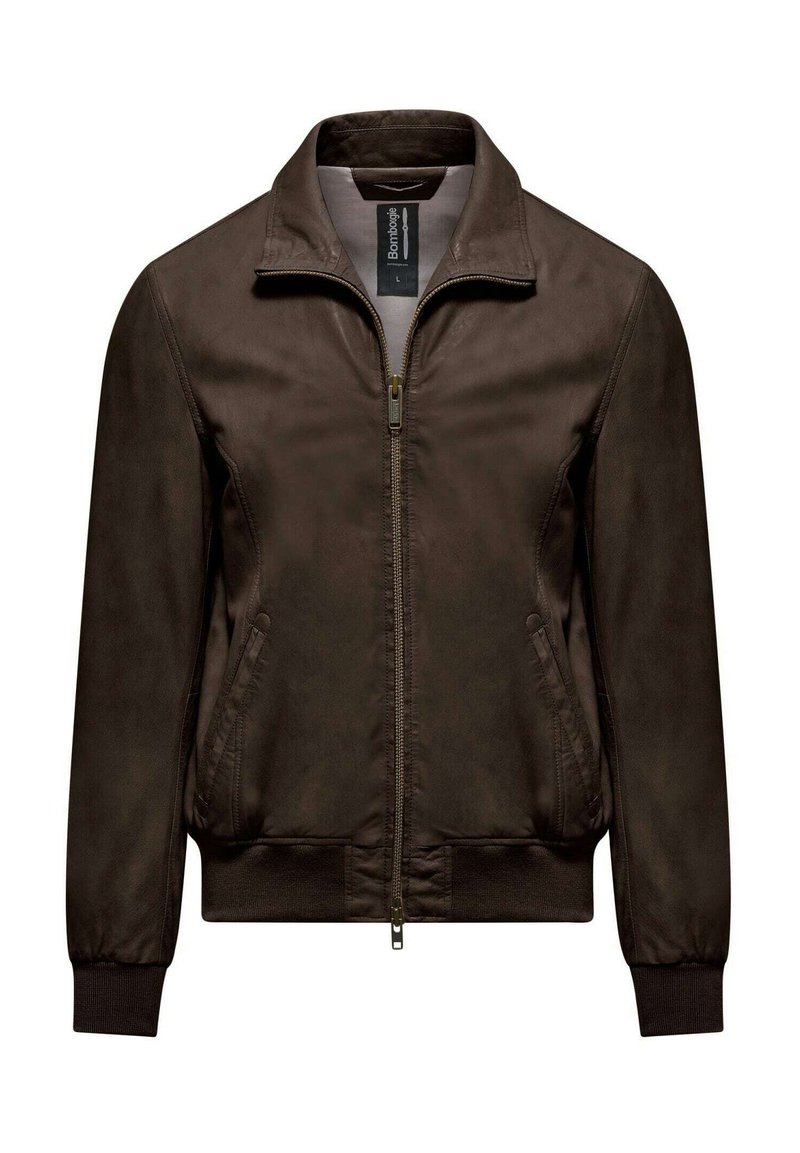 Giubbotto bomber marrone realizzato in materiale liscio, con chiusura a zip frontale, colletto rialzato e tasche laterali, dotato di polsini e orlo a costine.