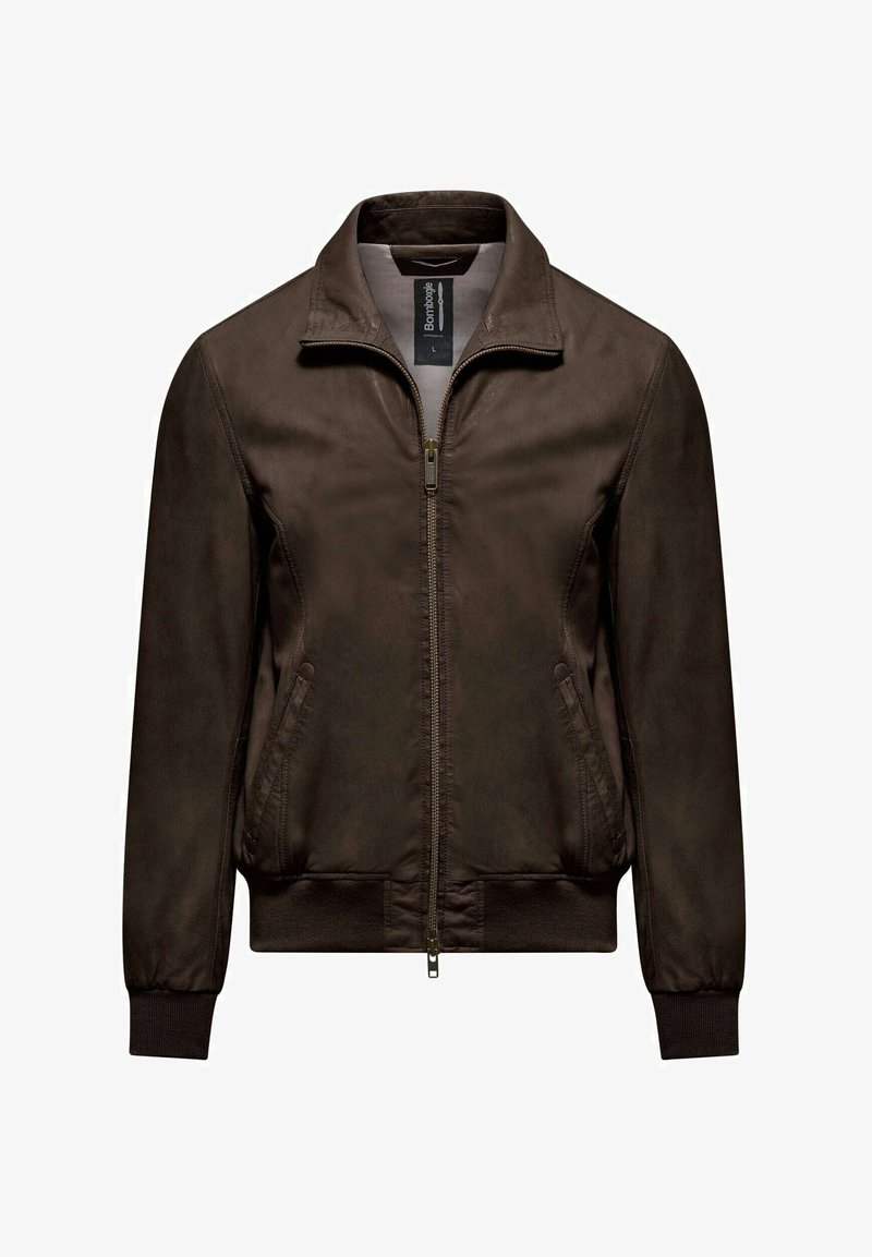 Bruine bomberjack gemaakt van glad materiaal, met een ritsvoorkant, staande kraag en zijzakken, afgewerkt met geribde manchetten en zoom.