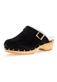 Schwarze Wildlederschuhe mit einer weißen Fellfütterung, Holzsohle und dekorativen goldenen Nieten entlang der Kante. Schnallenverzierung an der Seite.