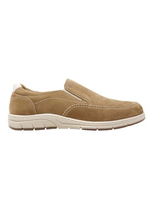 Scarpa casual marrone chiaro slip-on con cuciture bianche e suola in gomma bianca, con pannelli laterali elastici per una facile calzata.
