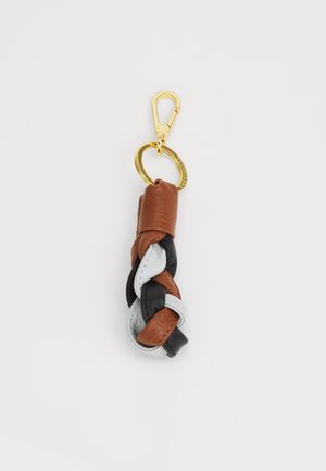Leather keychain in brown, black, and gray, featuring a braided design and a gold-colored metal clip and ring for attachment.