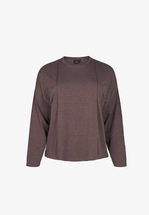 Hnedý dlhý rukáv top vyrobený z mäkkej tkaniny, ktorý má okrúhly výstrih a detaily na bočných švoch pre lepší dizajn. Uvoľnený strih s padnutými ramenami.