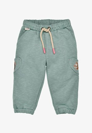 Hellgrüne Sweatpants mit einem Kordelzugbund, gerüschten Knöcheln und Seiten Taschen mit einem Eichhörnchen-Patch. Weicher Stoff.