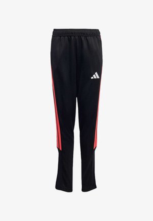 Schwarze Sporthose mit roten Seitenstreifen, elastischem Bund und weißem Logo vorne. Hergestellt aus einem glatten, leichten Stoff.