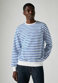 Gestreepte sweatshirt met lange mouwen in het wit met blauwe strepen. Bevat een ronde hals, geribbelde boorden en een klein rood 'Paris' borduursel.