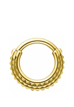 Three stacked gold hoop earrings with a smooth polished surface and a ridged edge detail on each hoop.