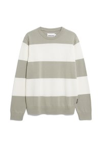 Hellgrauer und weiß gestreifter Sweatshirt; Baumwollmischung, Rundhalsausschnitt, lange Ärmel, gerippte Bündchen und Saum, mit kleinem Logoetikett an der Seite.