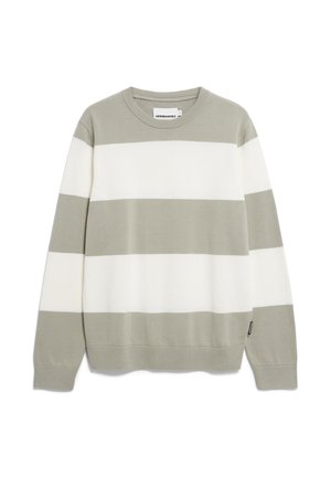 Lichtgrijs en wit gestreepte sweatshirt; katoenmix, ronde hals, lange mouwen, geribbelde boorden en zoom, met een klein logolabel aan de zijkant.