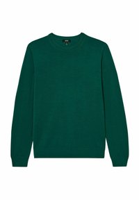 Zöld crewneck pulóver kötött anyagból. Hosszú ujjakkal és bordázott mandzsettákkal, valamint hem-el rendelkezik. Egyszerű design, látható minták vagy díszítések nélkül.