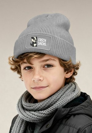 Gray ribbed knit beanie with a patch featuring a cartoon badger and the text "FRECH DACHS." Worn over a gray scarf and dark coat.