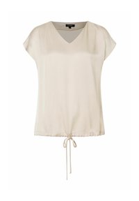 Haut beige à col en V avec des manches courtes, ourlet froncé avec un cordon de serrage. Fabriqué en tissu léger et lisse avec une coupe décontractée.