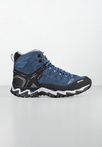 Scarpa da trekking a mezzo stivale con tomaia in tessuto blu scuro, punta in gomma nera e suola a contrasto bianca e grigia con motivi di grip.