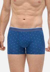 Torso masculino vistiendo bóxer azul con pequeños patrones de perros de color azul claro y marrón, y una cintura sólida en color marino.