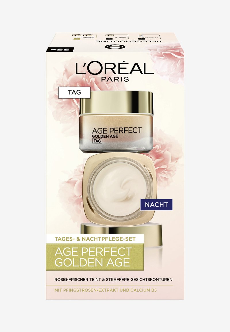 Set di crema giorno e notte L'Oréal Age Perfect Golden Age, con un vaso trasparente con accenti dorati e un design della scatola di un delicato rosa.