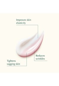 Tache de crème bicolore avec texte mettant en avant les bienfaits : améliore l'élasticité de la peau, réduit les rides, raffermit la peau relâchée.